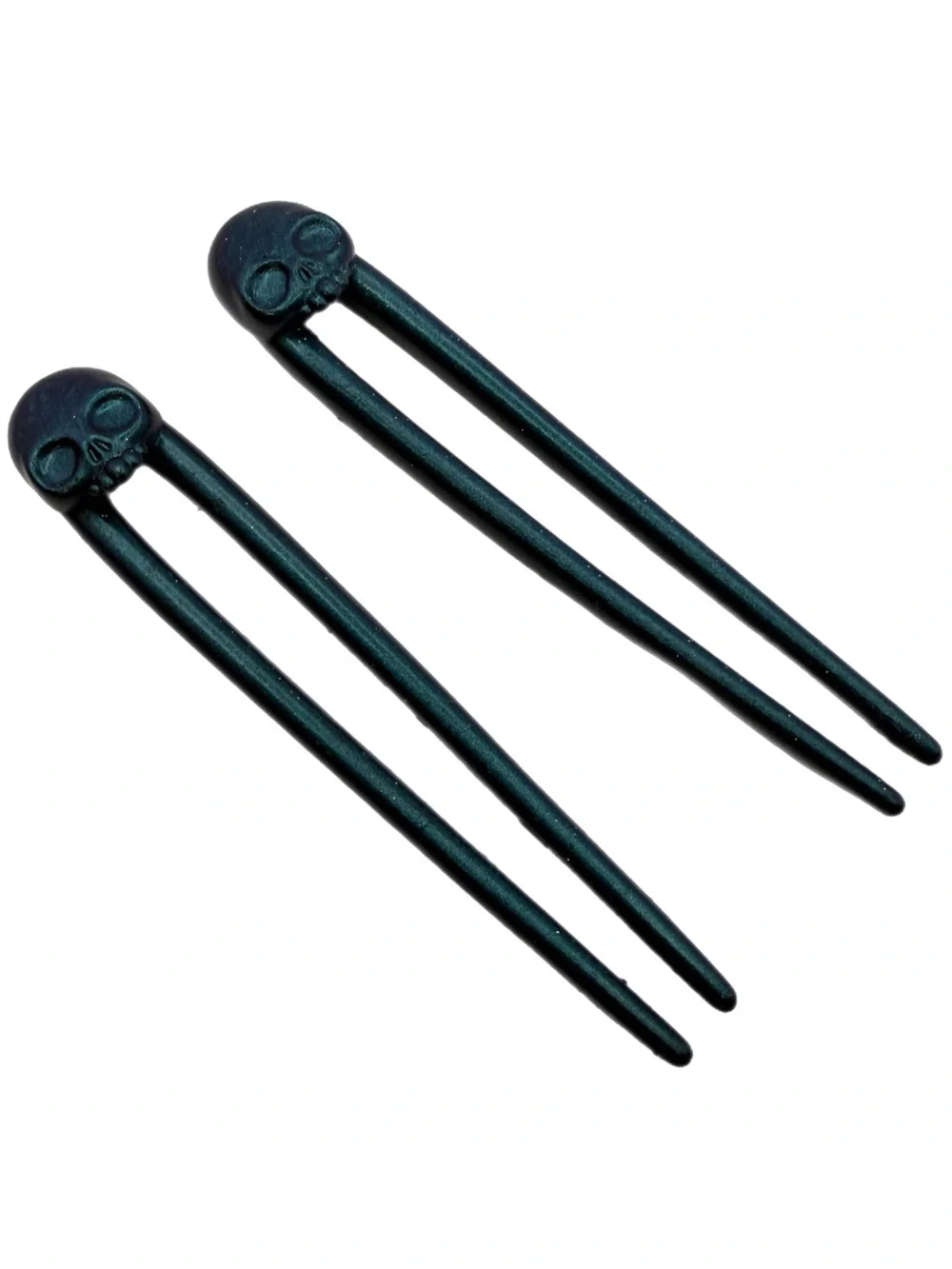 Set‎ of Gothic Skull Hair Sticks – Iridescent Double‑Prong Resin Hairpins
